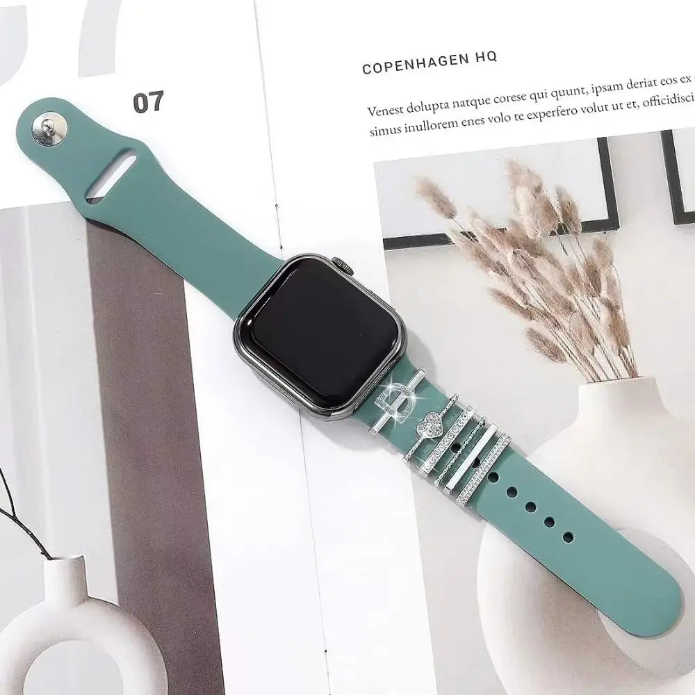 A-Z Letter Silver Watch Band Ornament Silicone Strap Decoration Ring Jewelry Accessory for Apple Watch Band Bracelet Charms